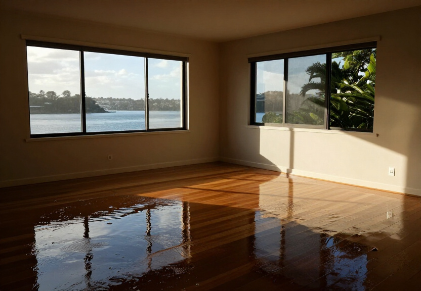 Flooded living room in Miller before restoration